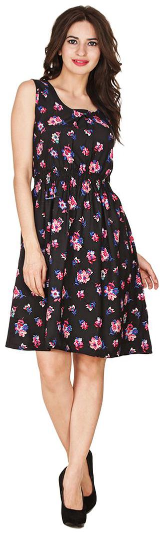 

Chrome Coral Stylish Skater Floral Print Dress Black