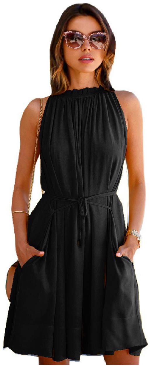 

Chrome Coral Black Solid A-line dress