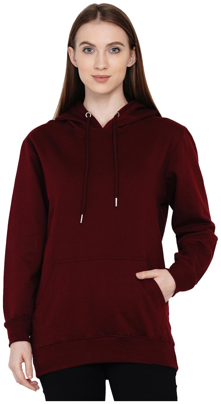

KNITS WEAVES Women Solid Hoodie - Maroon