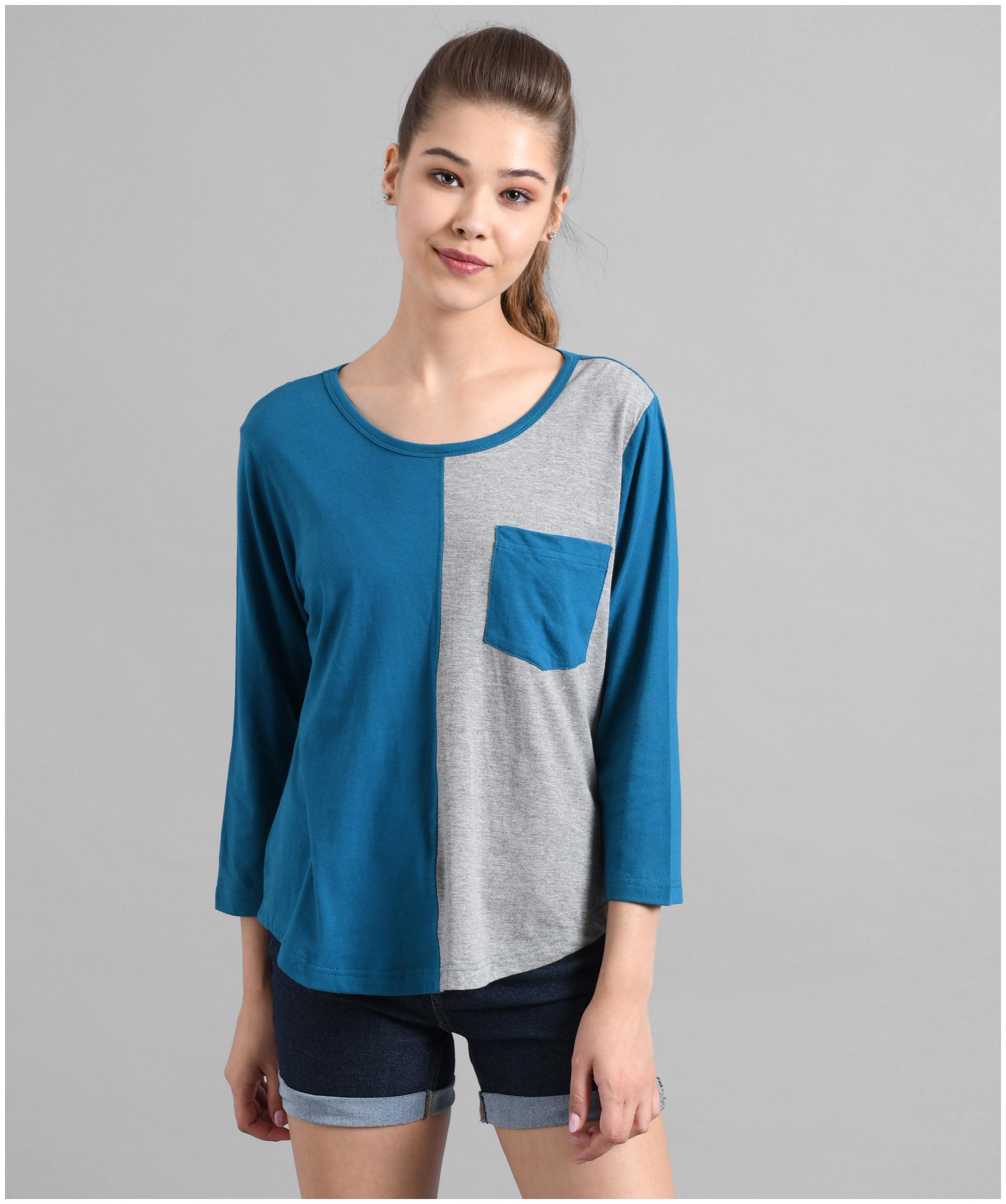 

Kotty Women Blue Grey Regular fit Round neck Cotton T shirt