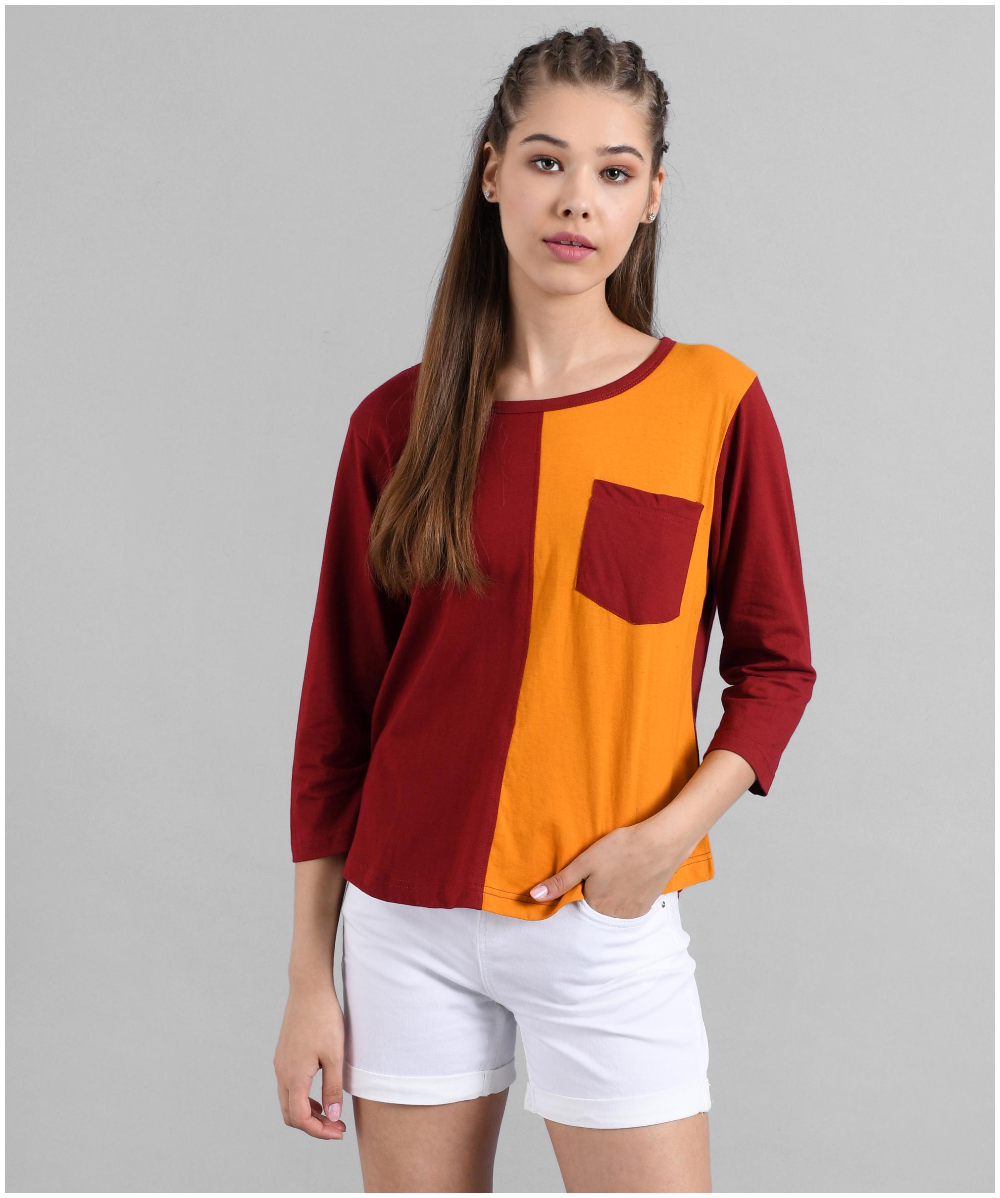 

Kotty Women Maroon Yellow Regular fit Round neck Cotton T shirt
