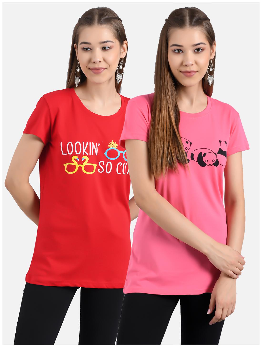 

Kotty Women Red Pink Regular fit Round neck Cotton T shirt