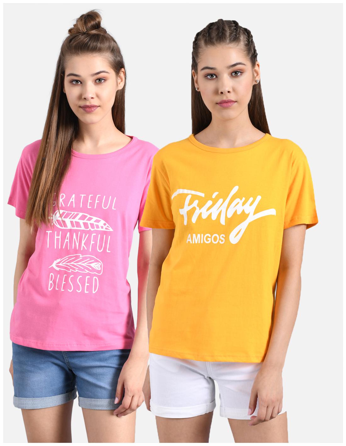 

Kotty Women Pink Yellow Regular fit Round neck Cotton T shirt