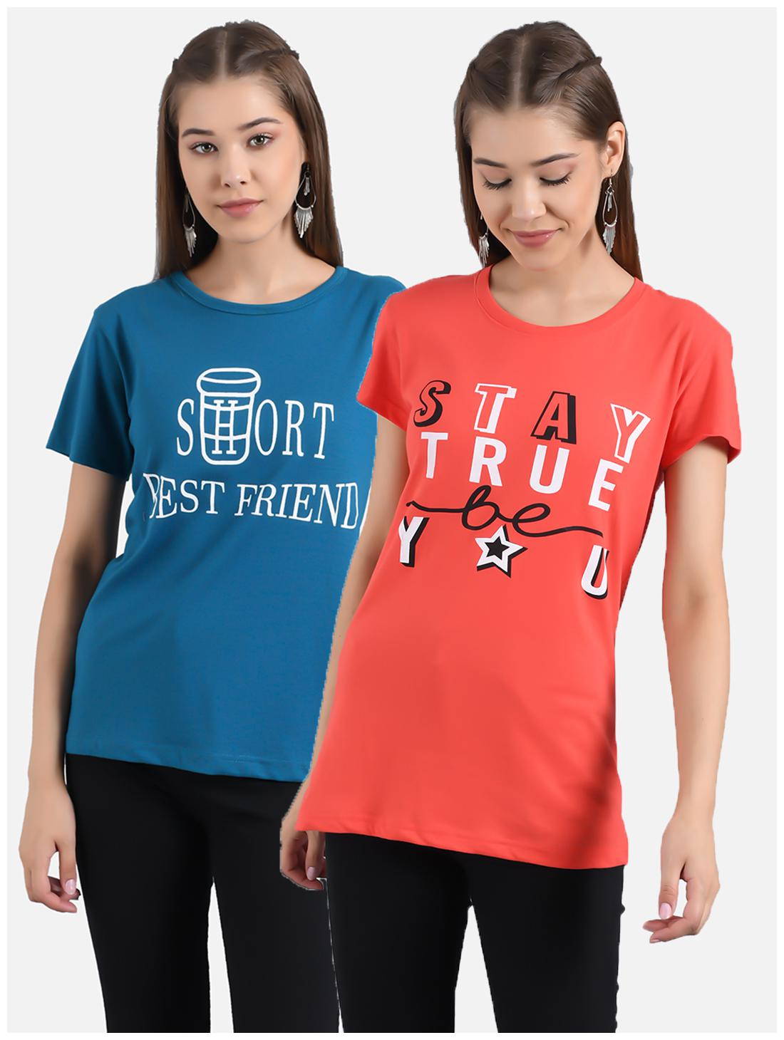 

Kotty Women Blue Red Regular fit Round neck Cotton T shirt