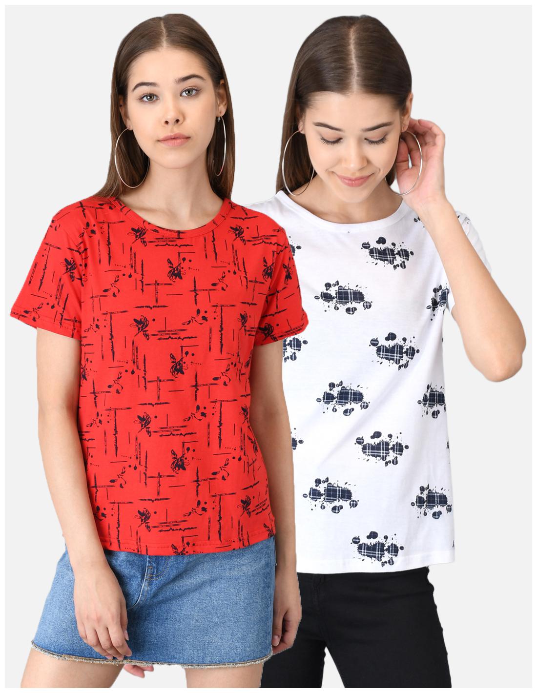 

Kotty Women Red White Regular fit Round neck Cotton T shirt
