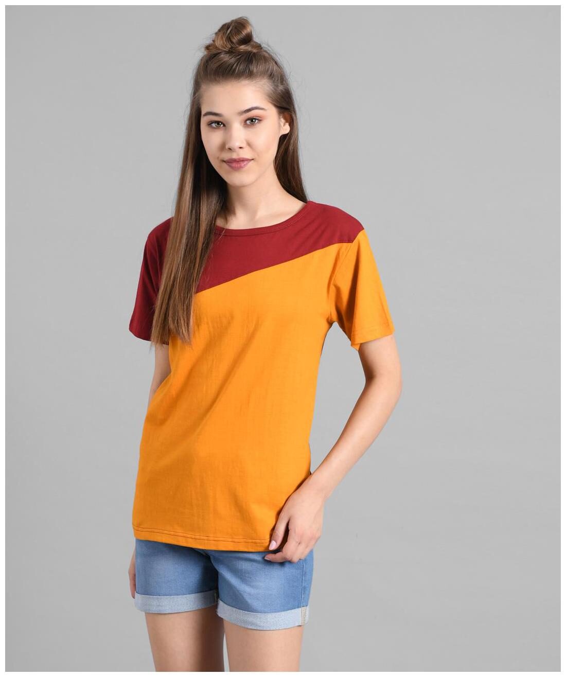 

Kotty Women Maroon Mustard Regular fit Round neck Cotton T shirt