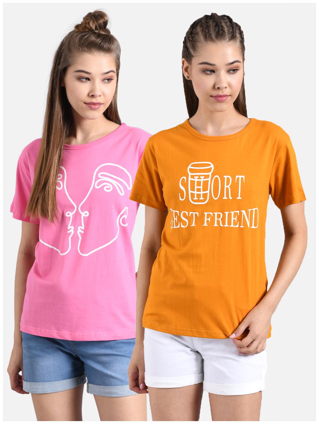 

Kotty Women Pink Yellow Regular fit Round neck Cotton T shirt