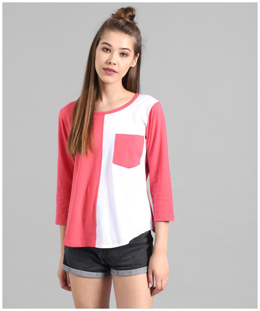 

Kotty Women Pink White Regular fit Round neck Cotton T shirt