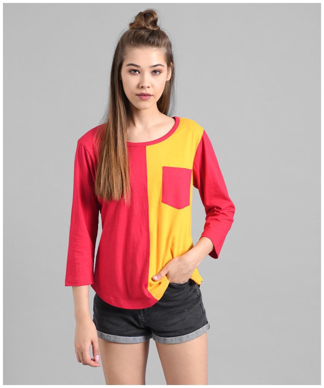 

Kotty Women Red Yellow Regular fit Round neck Cotton T shirt
