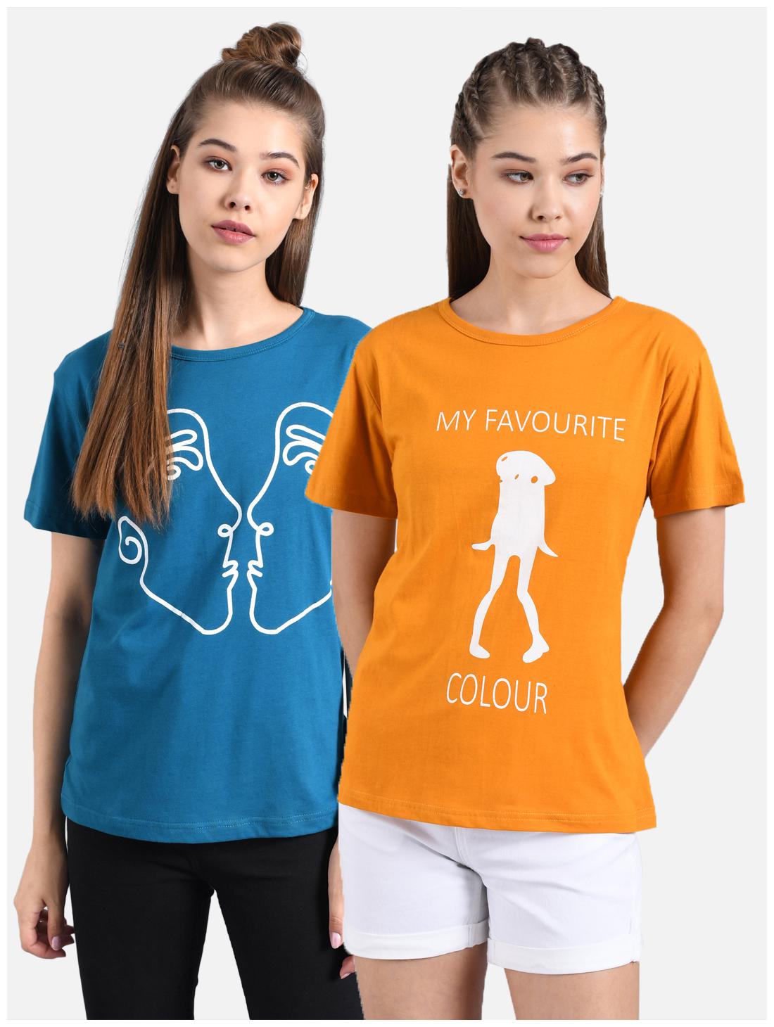 

Kotty Women Blue Yellow Regular fit Round neck Cotton T shirt