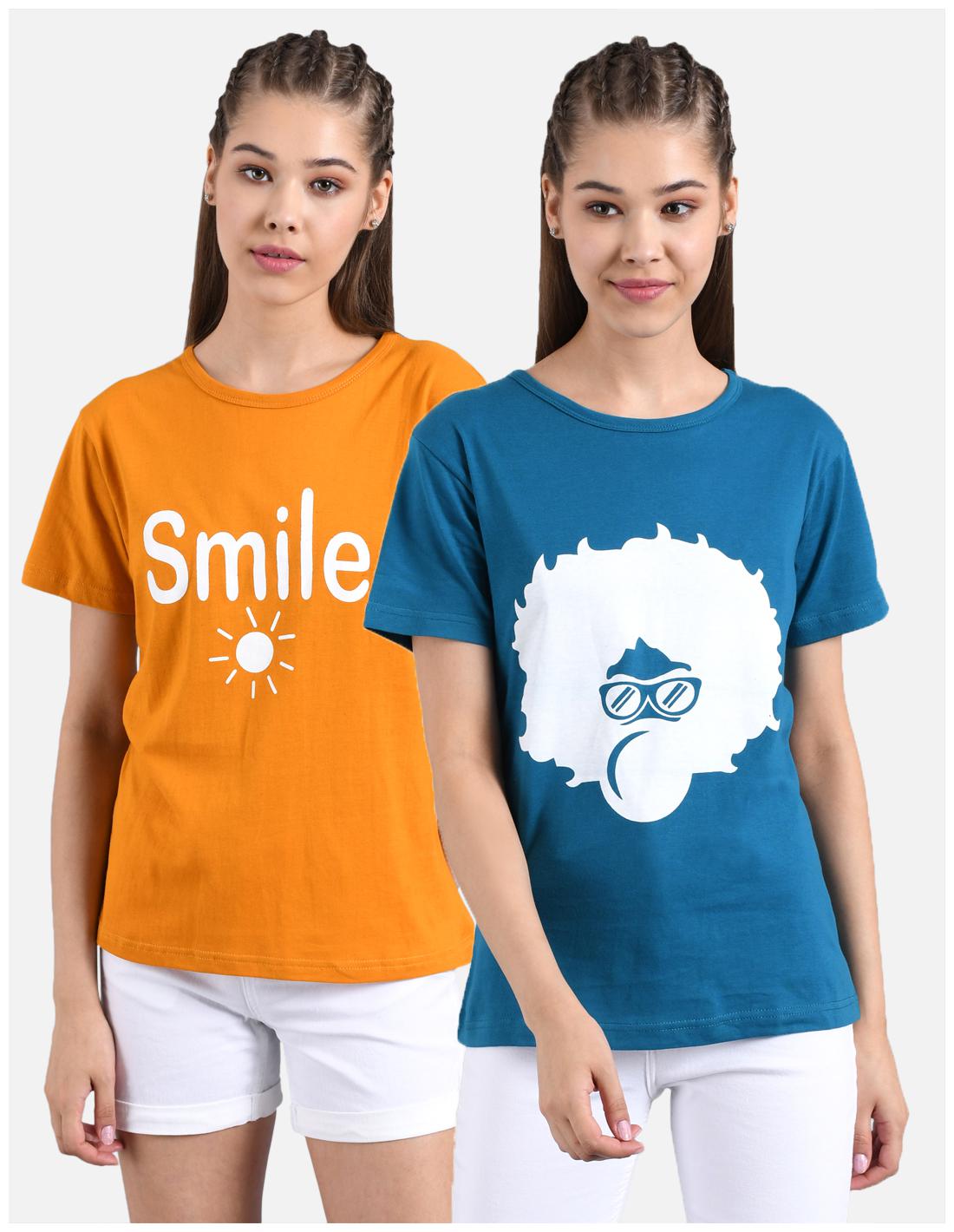 

Kotty Women Yellow Blue Regular fit Round neck Cotton T shirt
