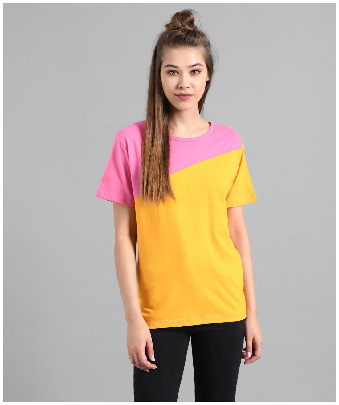 

Kotty Women Pink Yellow Regular fit Round neck Cotton T shirt
