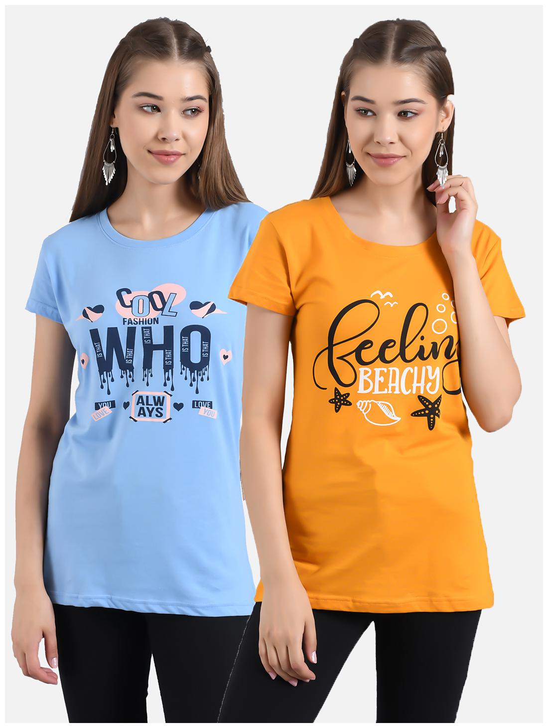 

Kotty Women Blue Yellow Regular fit Round neck Cotton T shirt