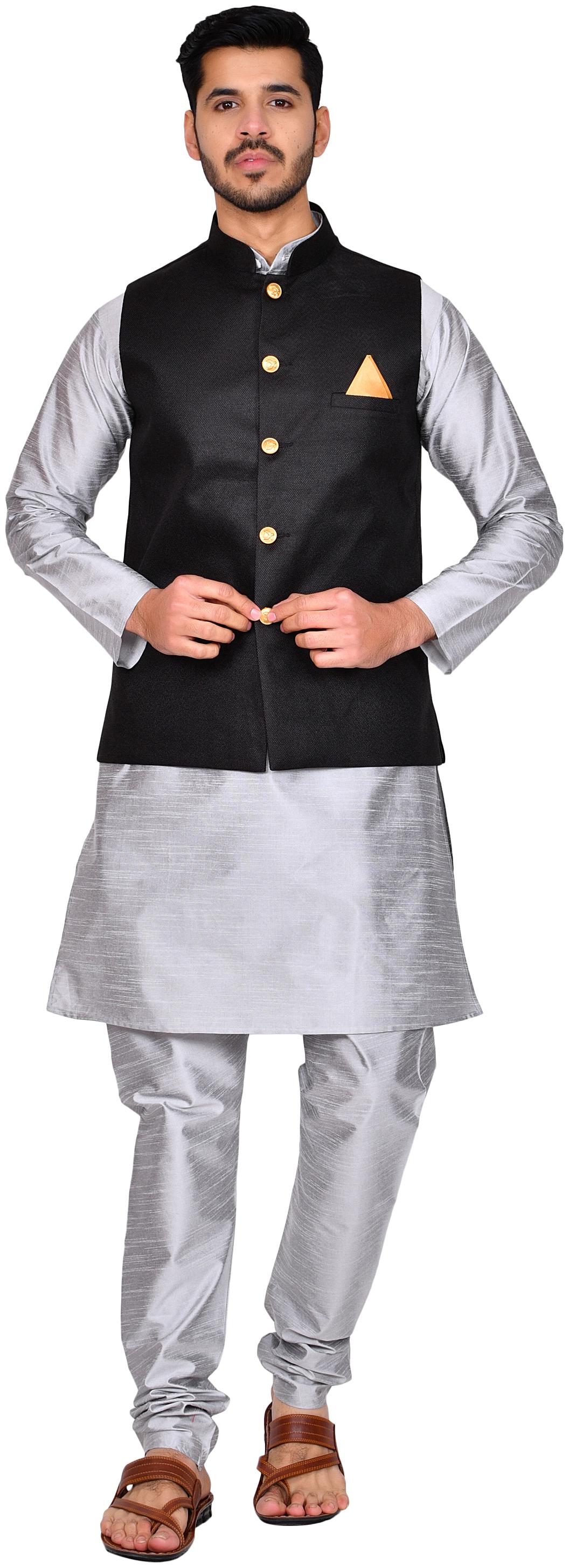 

Bonnier Black Solid Kurta and Churidar With Nehru Jacket