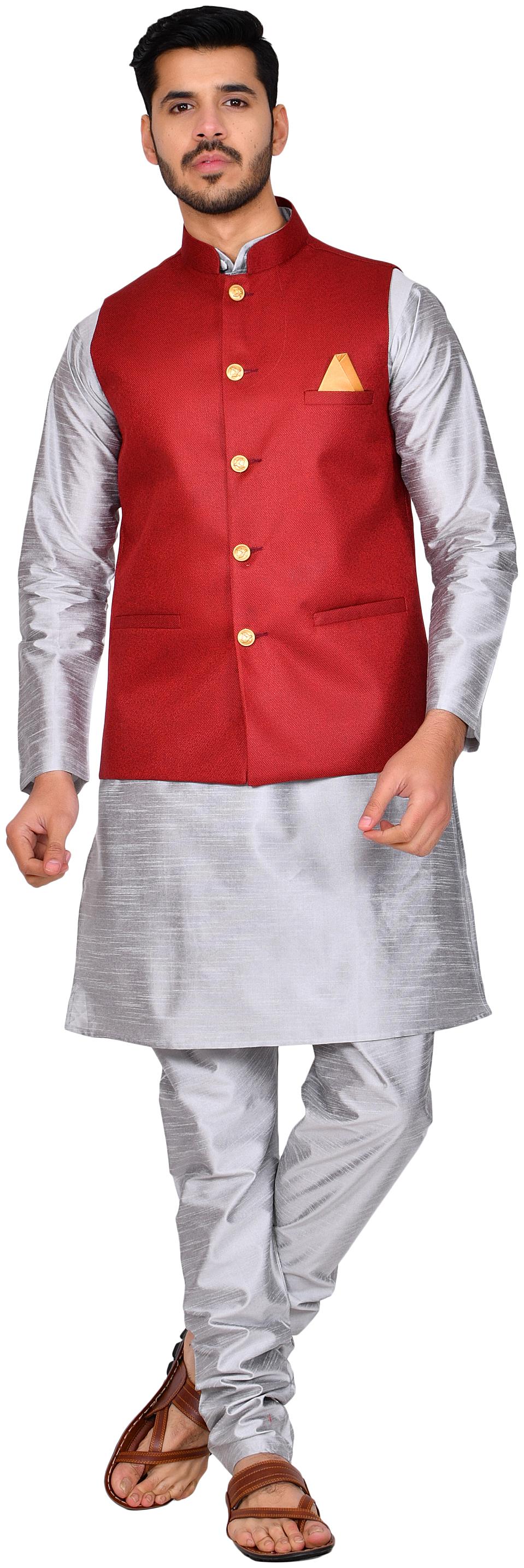 

Bonnier Maroon Solid Kurta and Churidar With Jacket