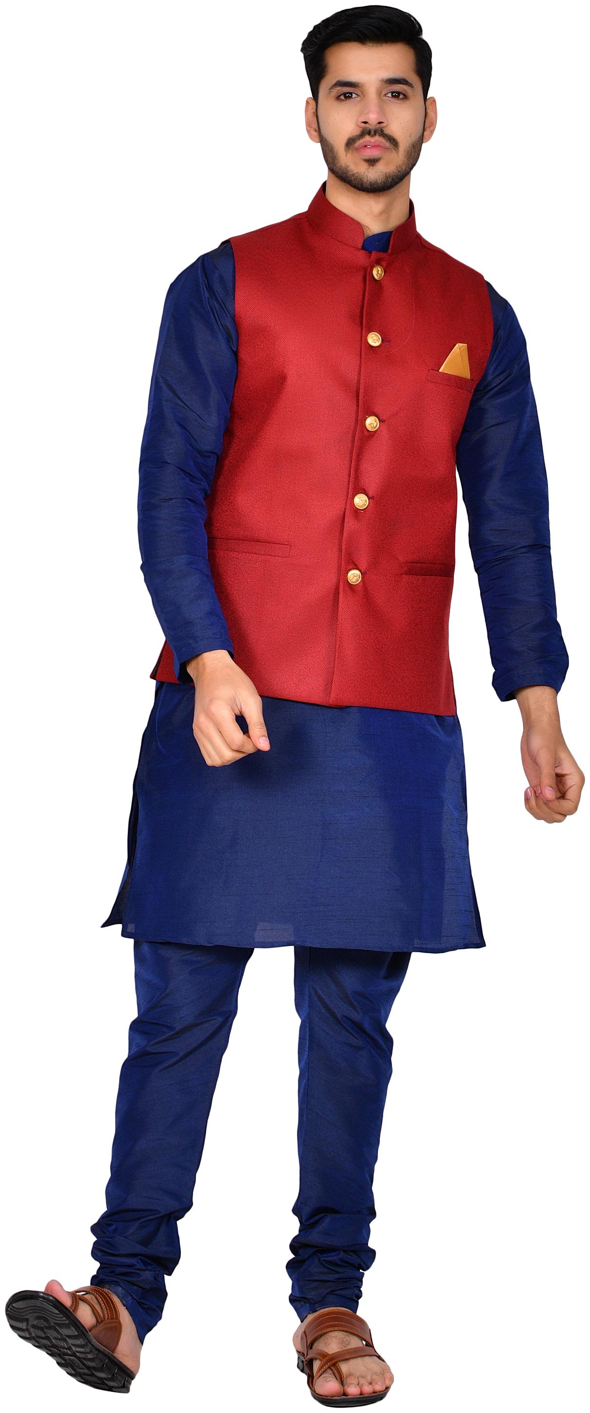 

Bonnier Maroon Solid Kurta and Churidar With Nehru Jacket