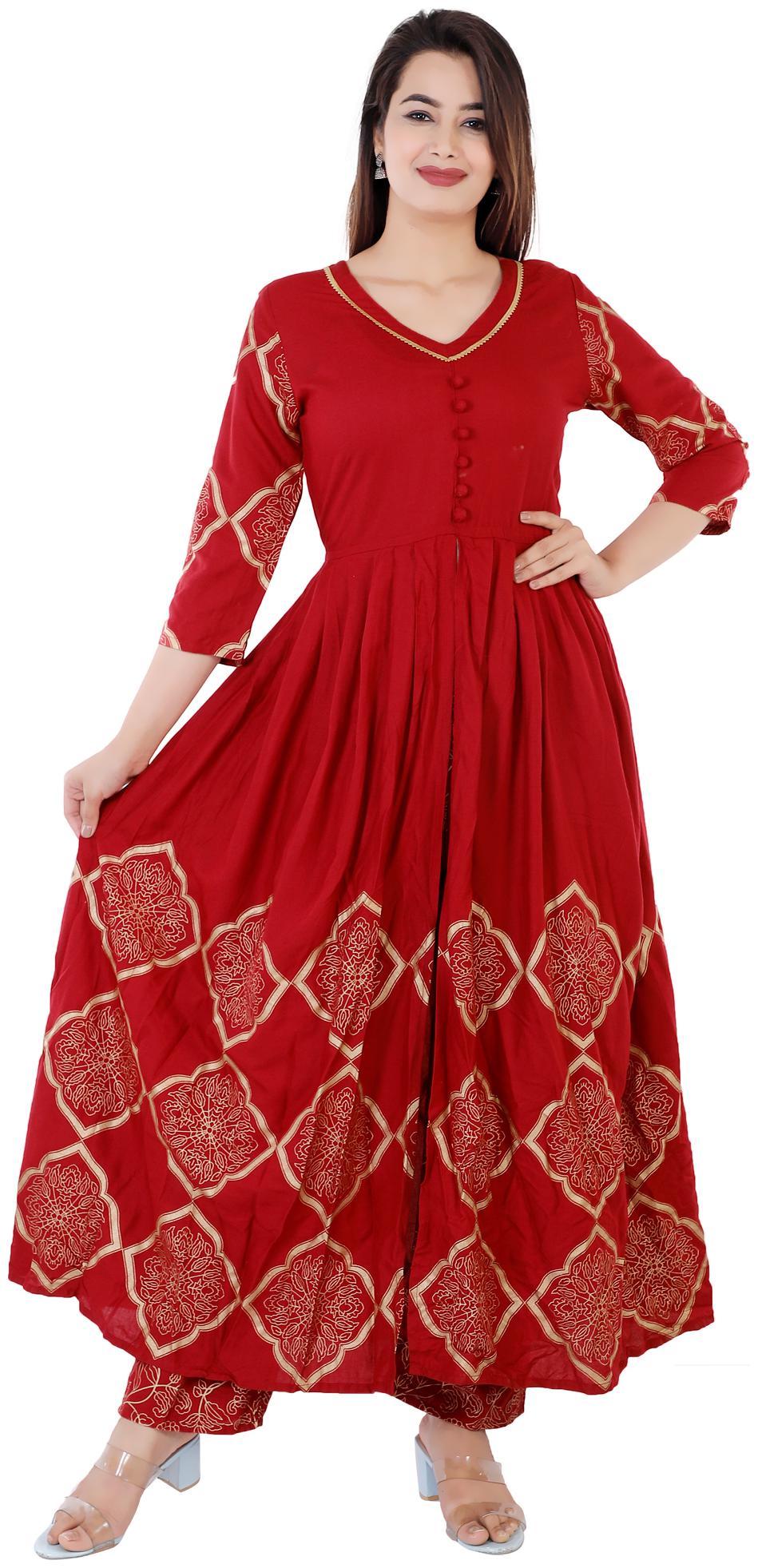 

Krati Creations Women Maroon Printed Flared Kurta With Pants