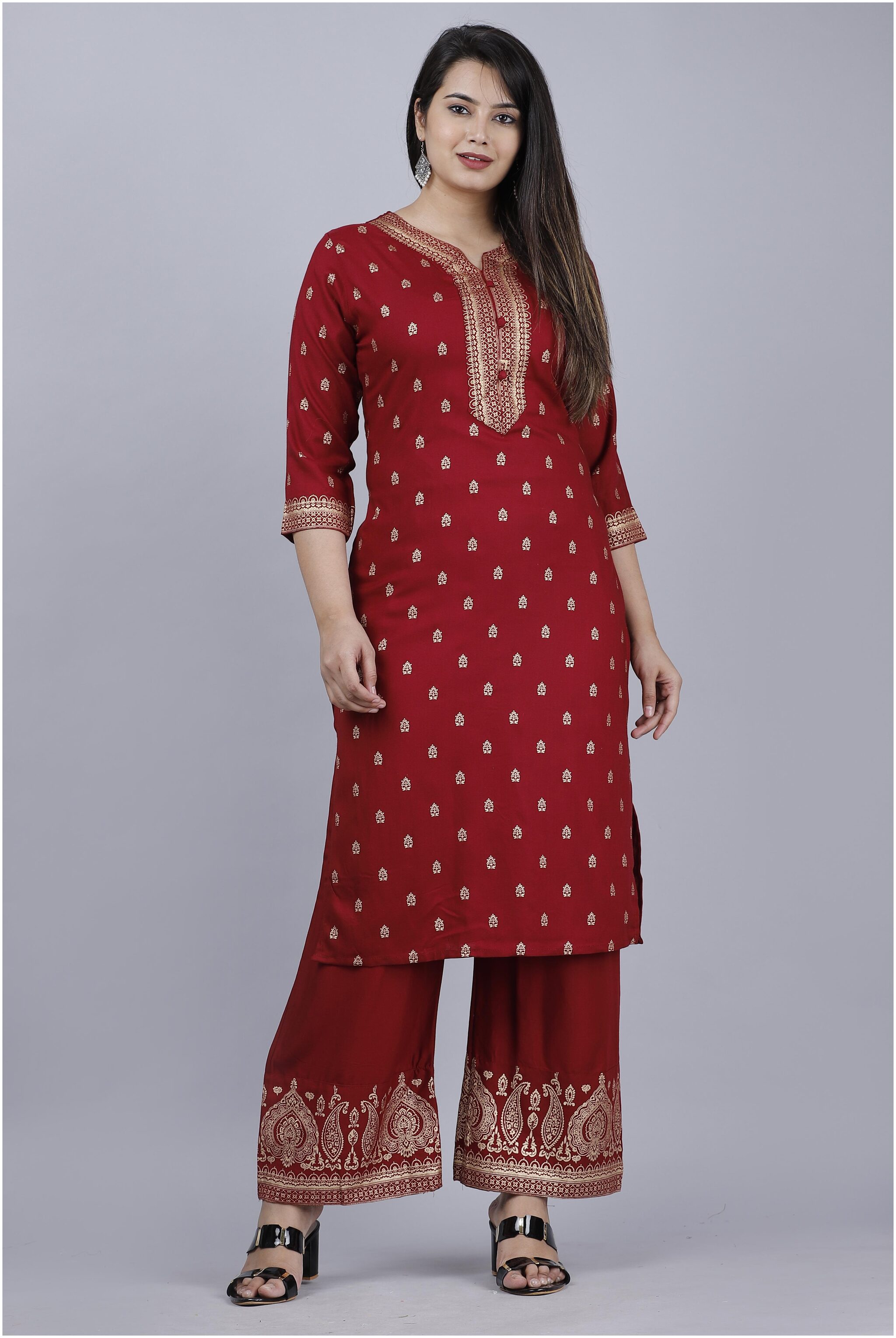 

Krati Creations Women Maroon Printed Straight Kurta With Palazzo
