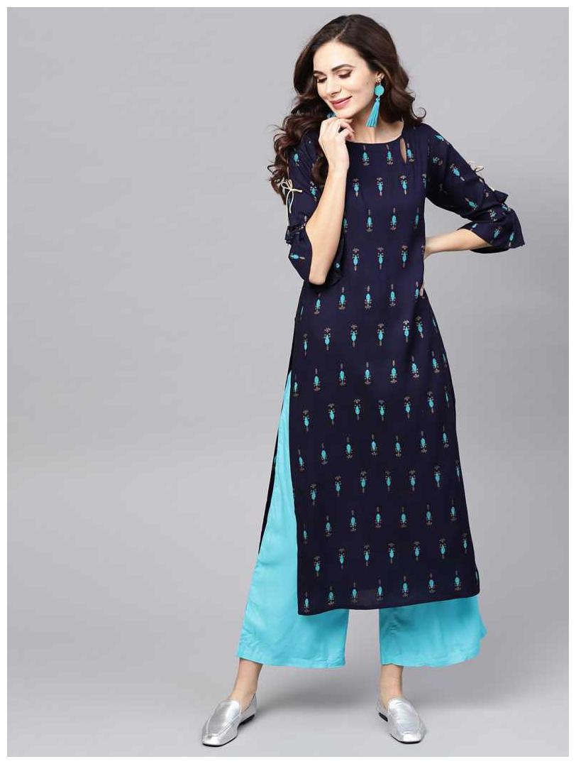 

Krati Creations Women Blue Printed Straight Kurta With Palazzo