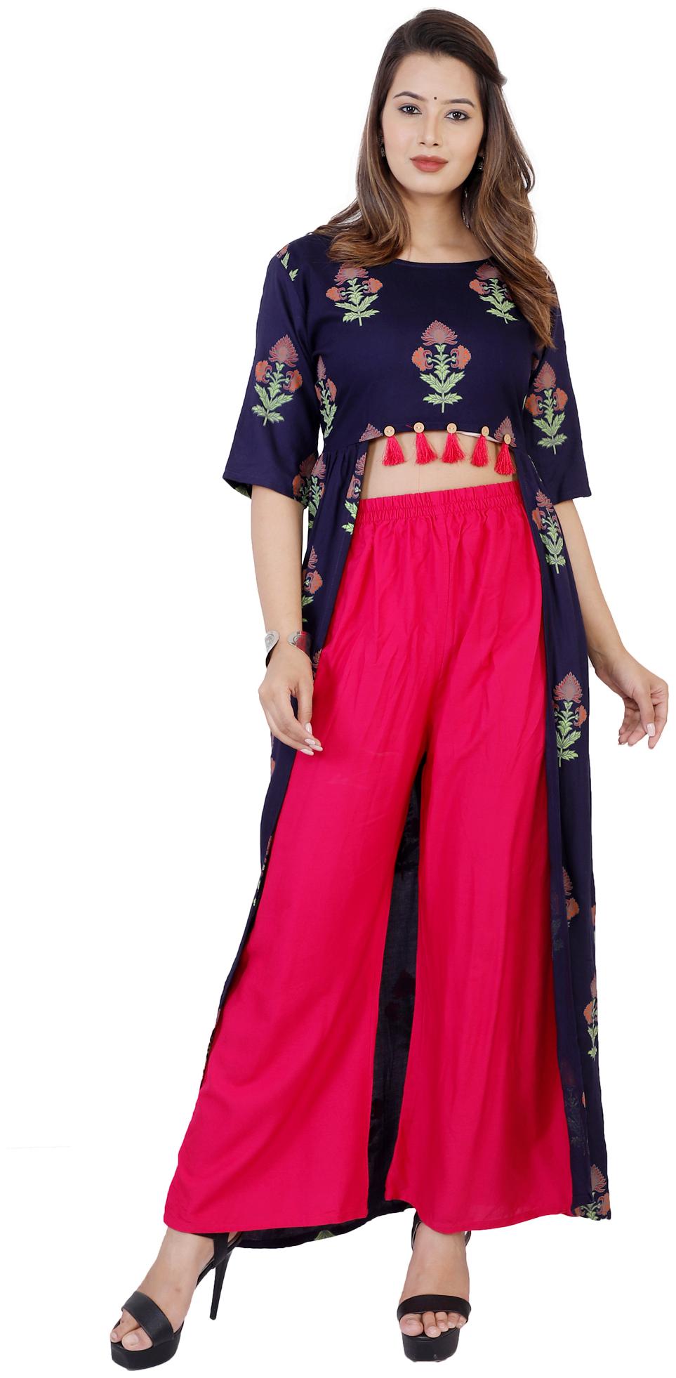 

Krati Creations Women Navy Blue Printed Flared Kurta With Palazzo