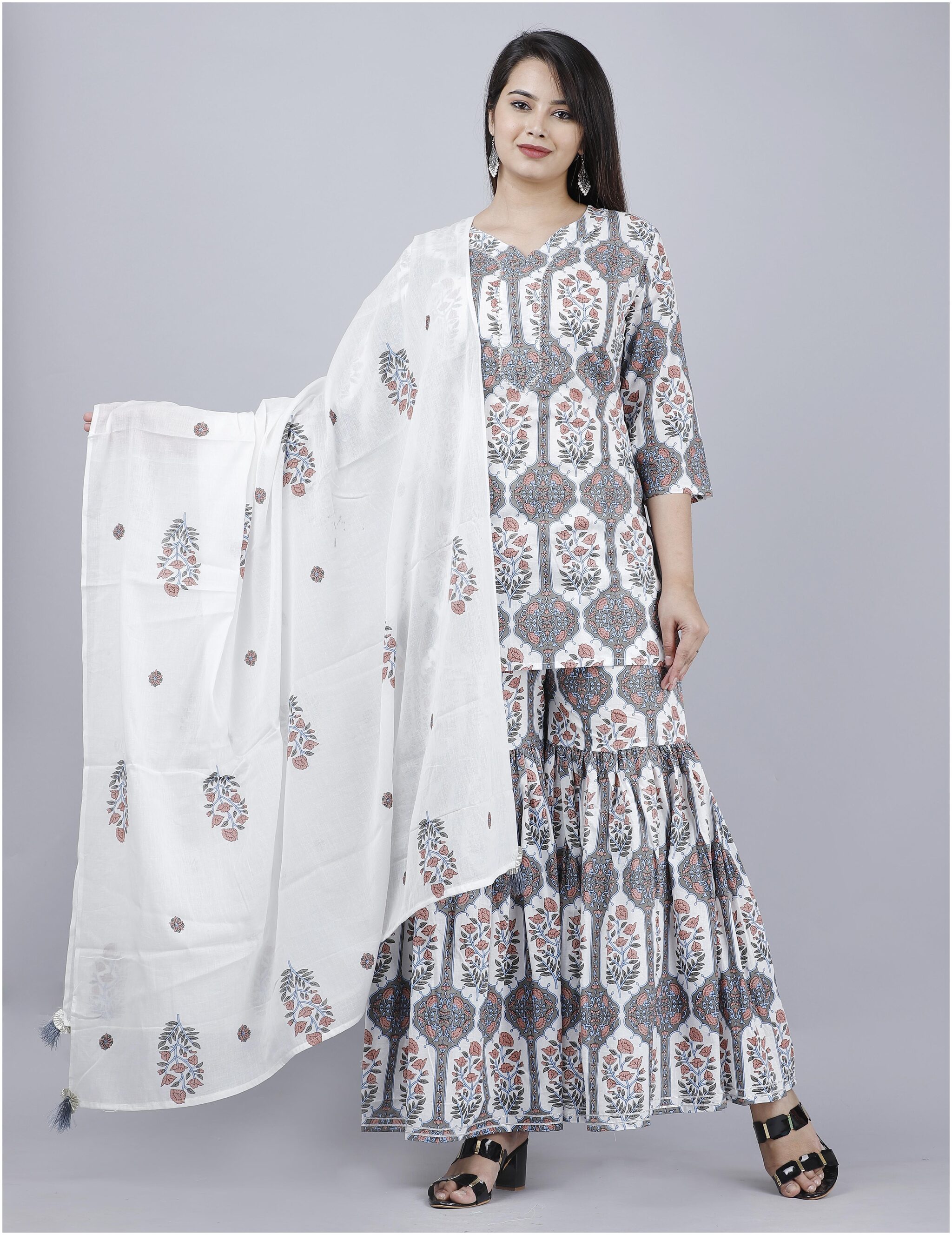 

Krati Creations Women Grey Floral Straight Kurta With Sharara And Dupatta