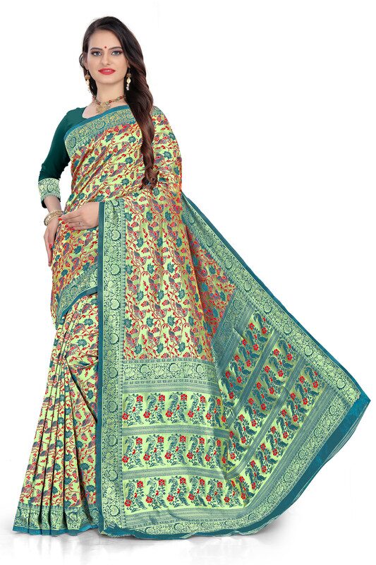

Krifab Collection Jacquard Peacock Designed Saree With Unstitched Blouse Piece (Turquoise)