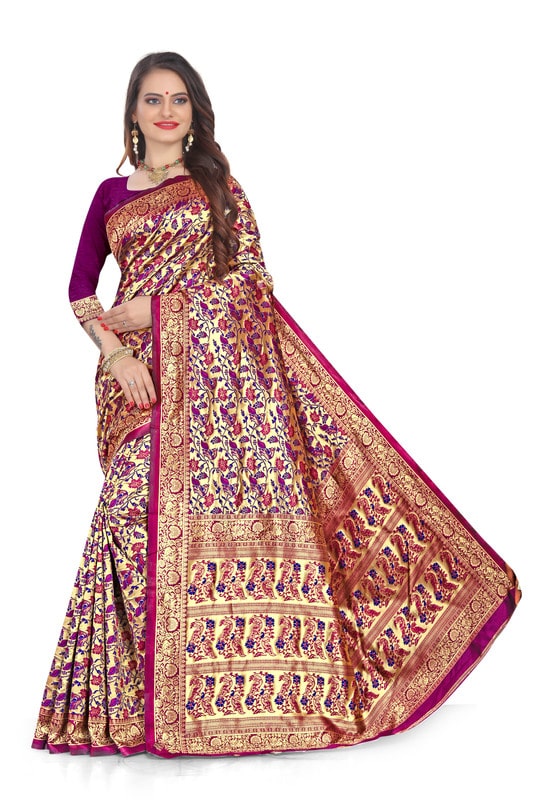 

Krifab Collection Jacquard Peacock Designed Saree With Unstitched Blouse Piece (Purple)