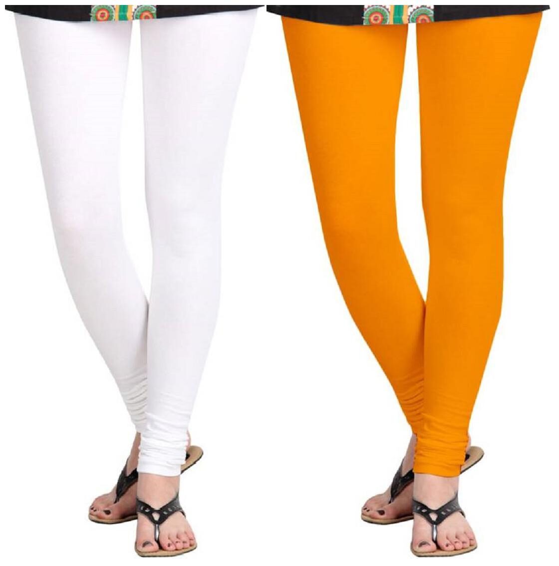 

KRIPI Women Cotton Solid White Orange Leggings