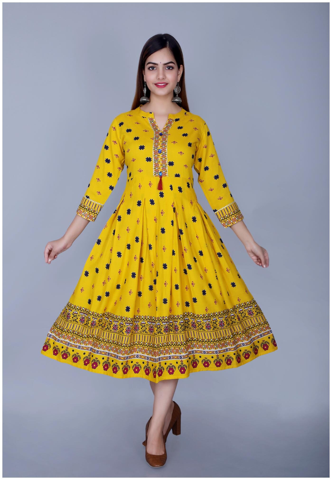 

KRISHAN KRISHNA Viscose Rayon Yellow Printed Kurta Dress For Women