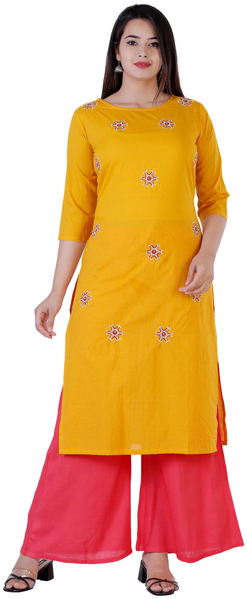 

Krishan Krishna Women Mustard Viscose Rayon Embroidered Kurta And Palazzo