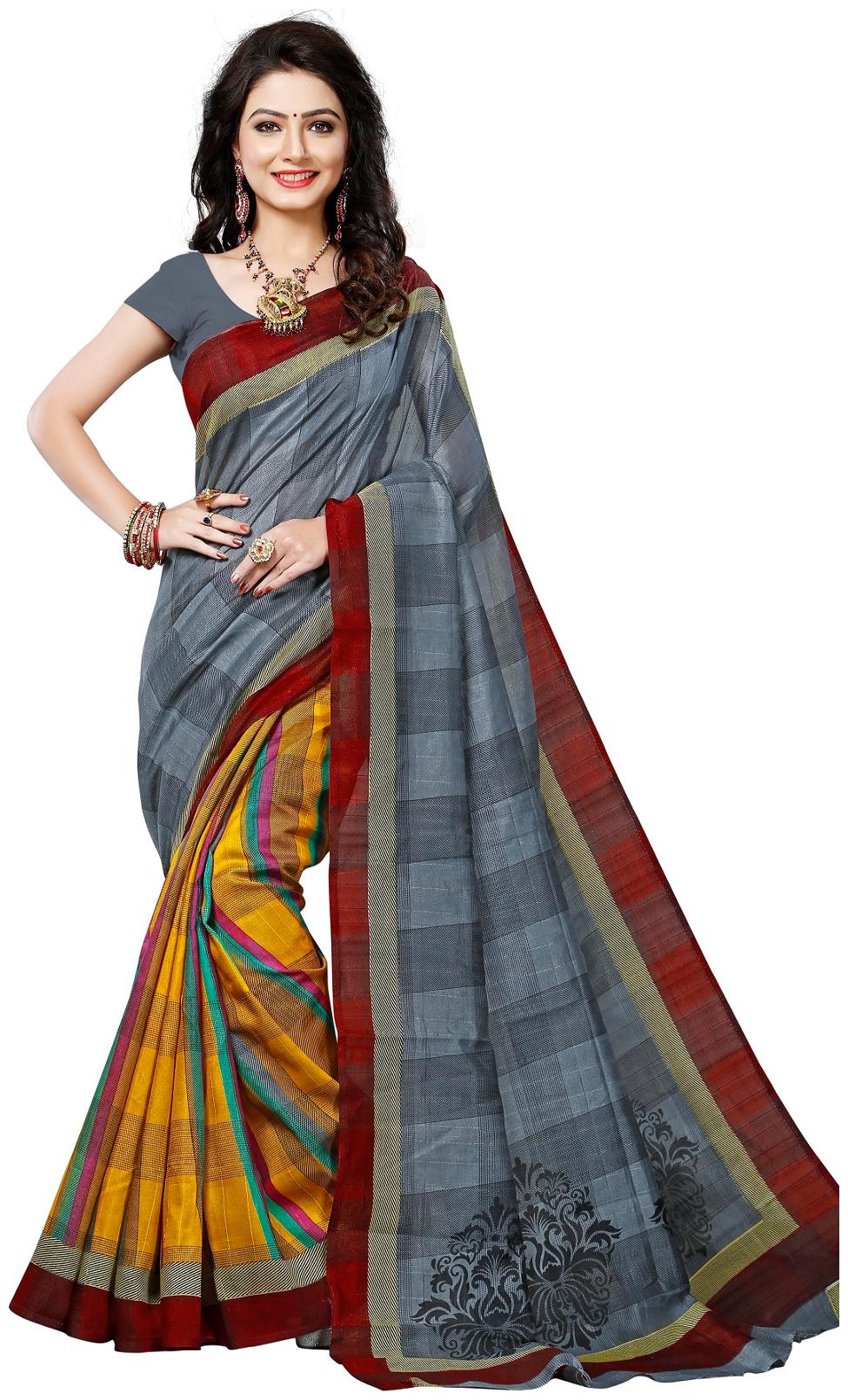 

Krishnam fashion Daily Wear Bhagalpuri Silk Saree ( Grey And Yellow Free Size Pack Of 1)
