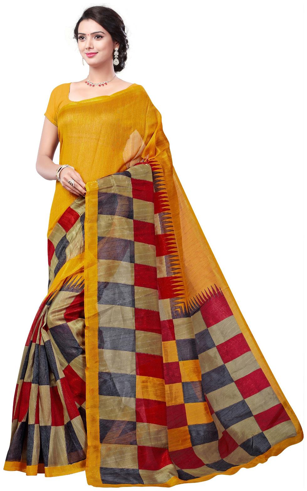 

Krishnam Fashion Yellow Checkered Universal Regular Saree With Blouse With blouse