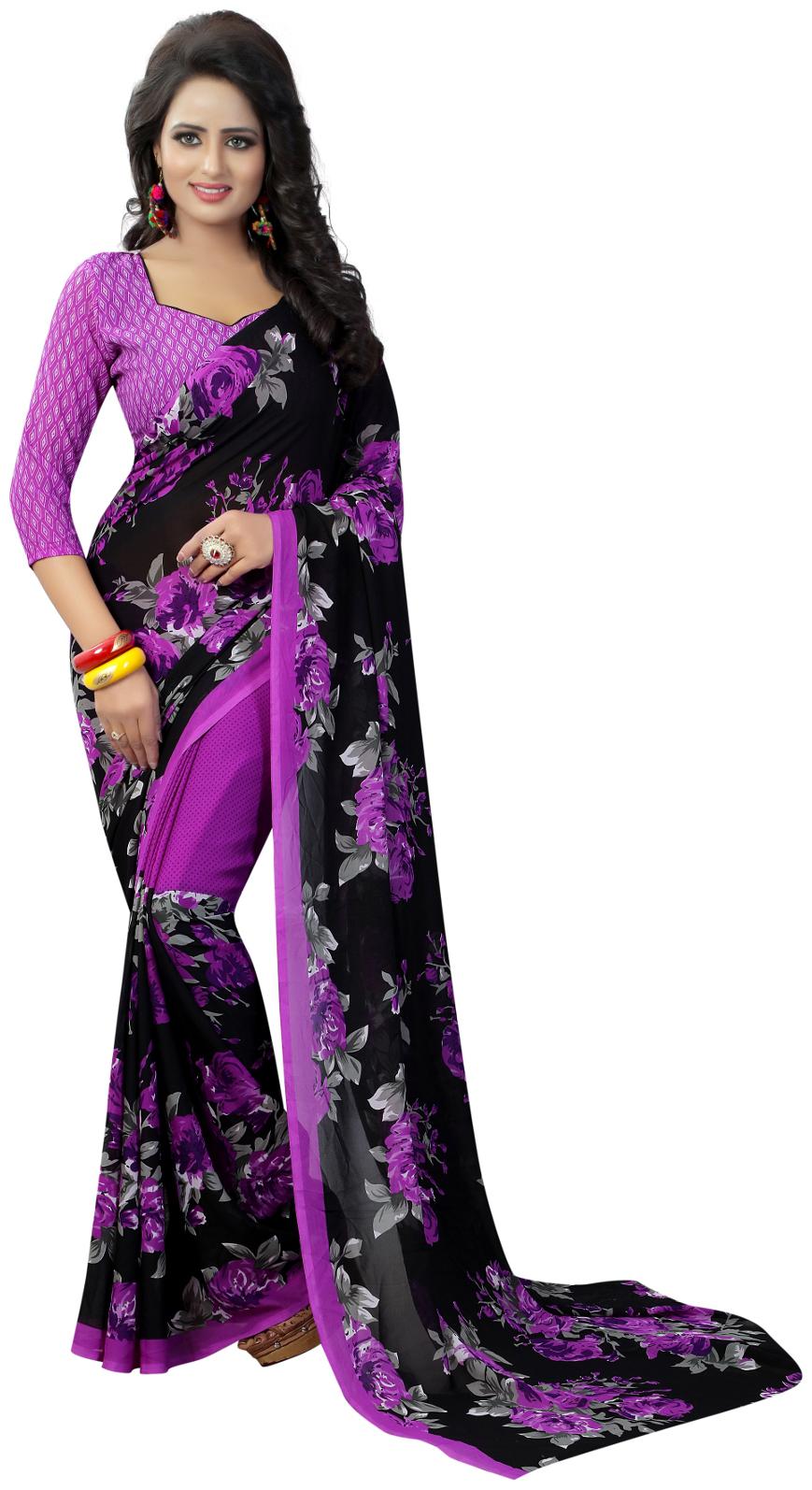 

Krishnam Fashion Black And Violet Printed Georgette Daily Wear Saree