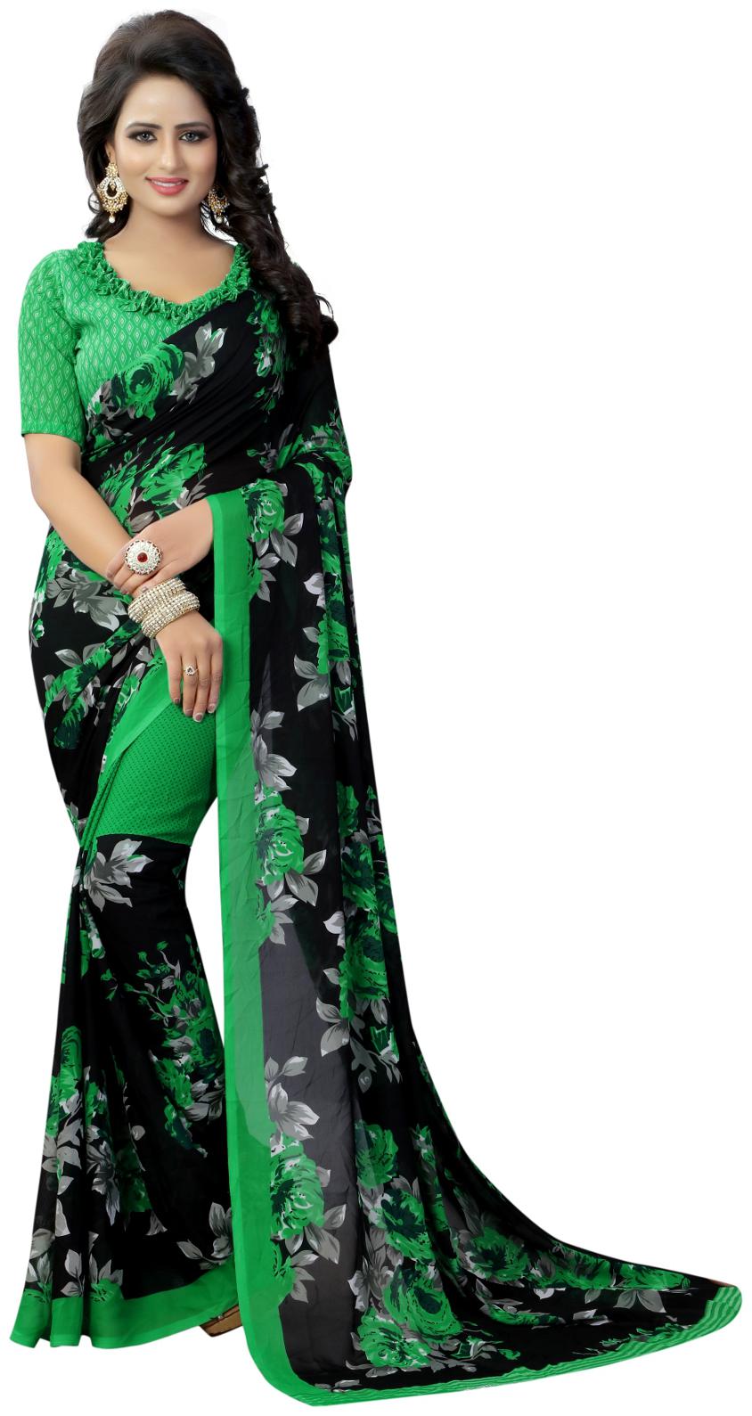 

Krishnam Fashion Black And Green Printed Georgette Daily Wear Saree