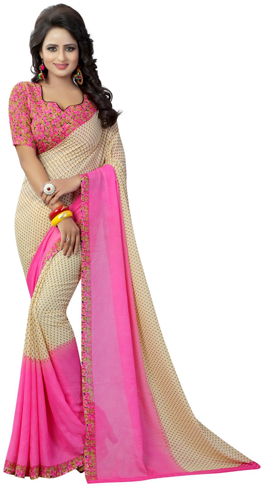 

Krishnam Fashion Off White And Pink Printed Georgette Daily Wear Saree