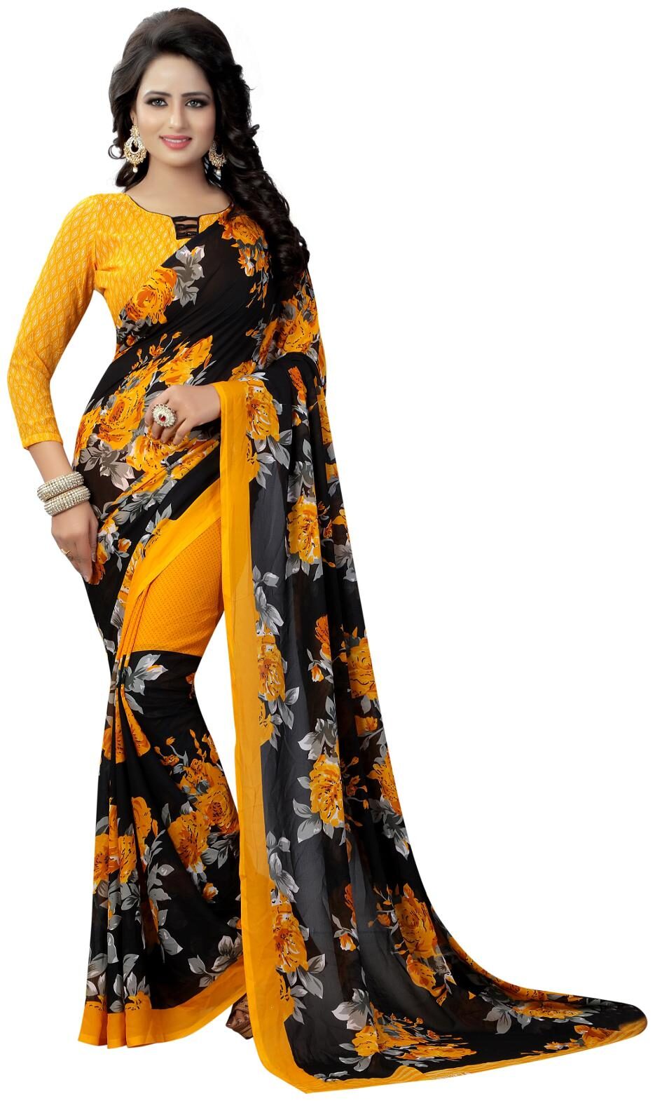 

Krishnam Fashion Black And Yellow Printed Georgette Daily Wear Saree