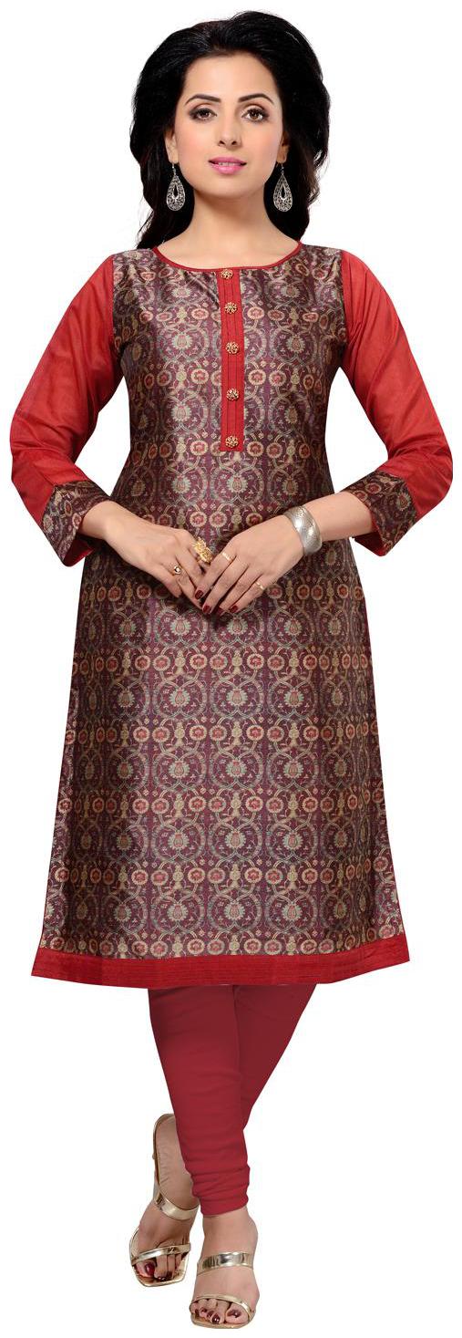 

Krusha Maroon Chanderi Printed Boat Neck Kurti for Women