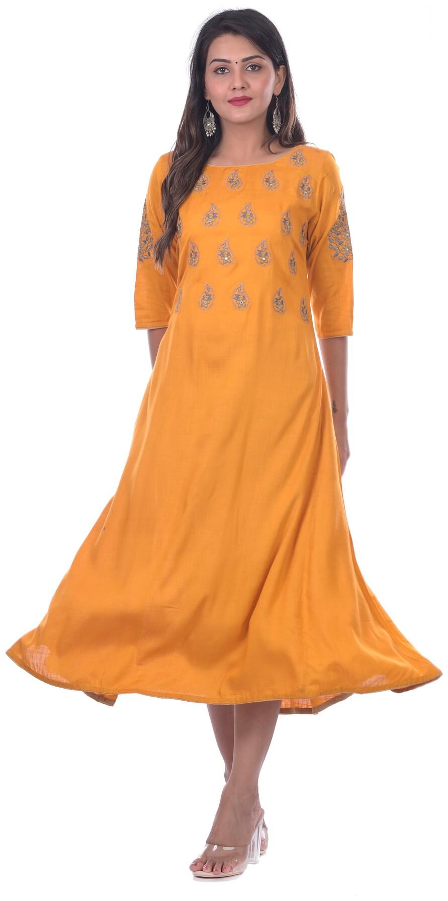 

Kumudini Women Viscose Rayon Floral Yellow Kurta Dress