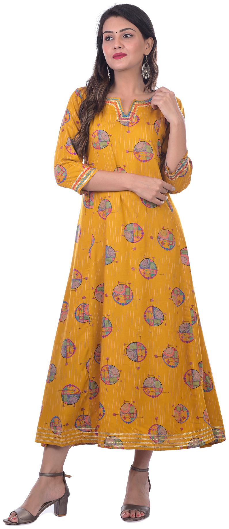 

Kumudini Women Cotton Printed Yellow Kurta Dress