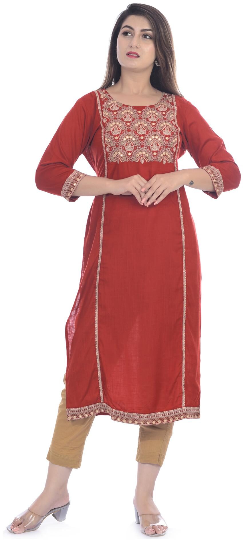 

Kumudini Women Red Embroidered Straight Kurti