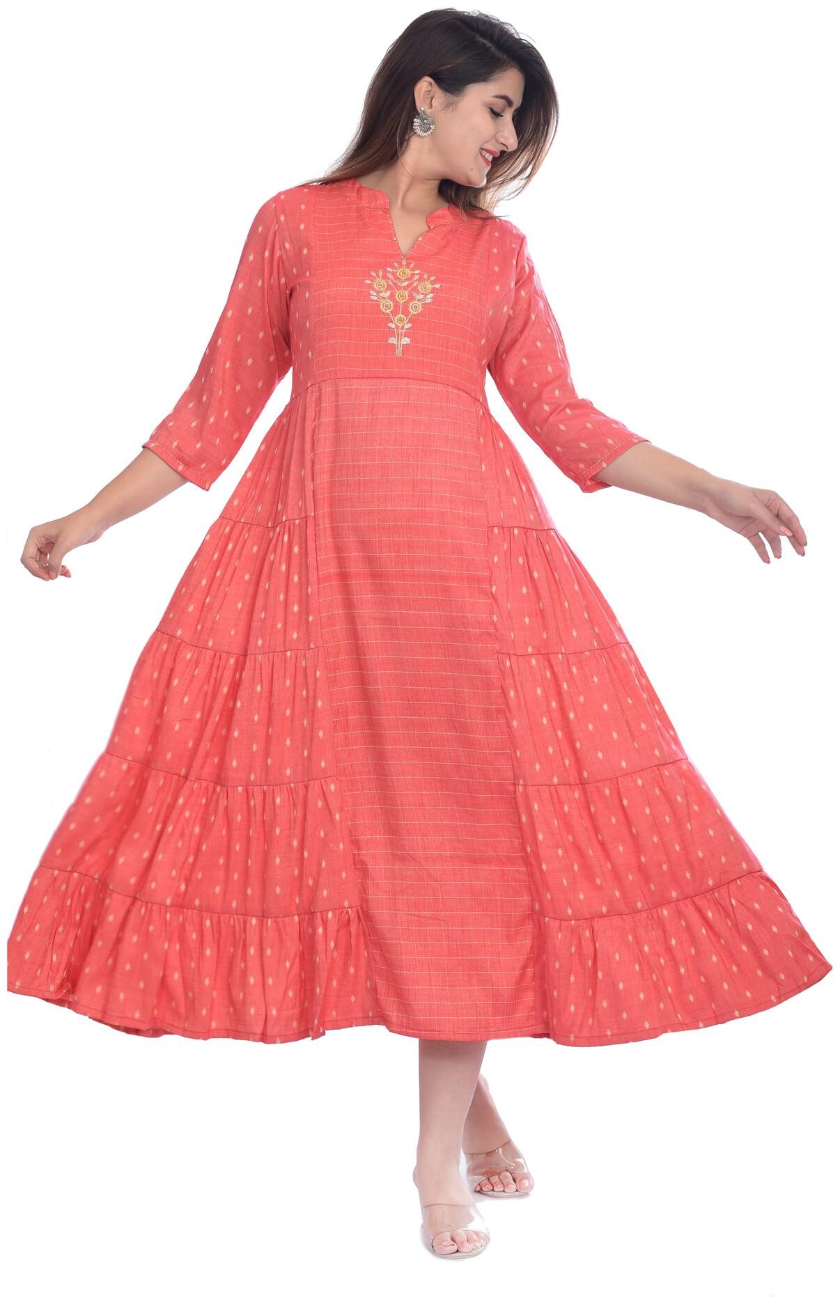 

Kumudini Women Viscose Rayon 3 4th Sleeves Calf Length Fusion Dresses (Pink)