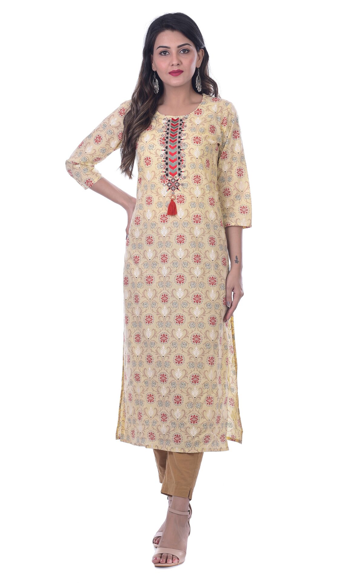 

Kumudini Women Cream Embroidered Straight Kurti