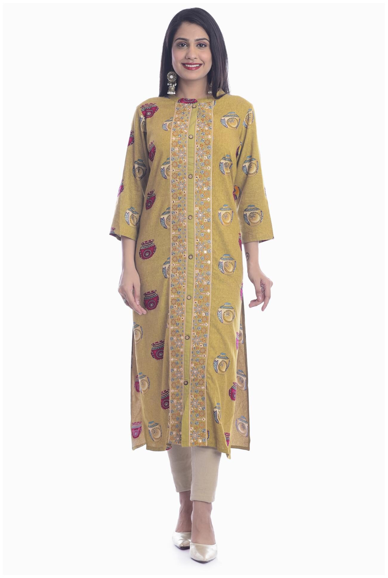 

Kumudini Women Cotton Printed Olive Kurti