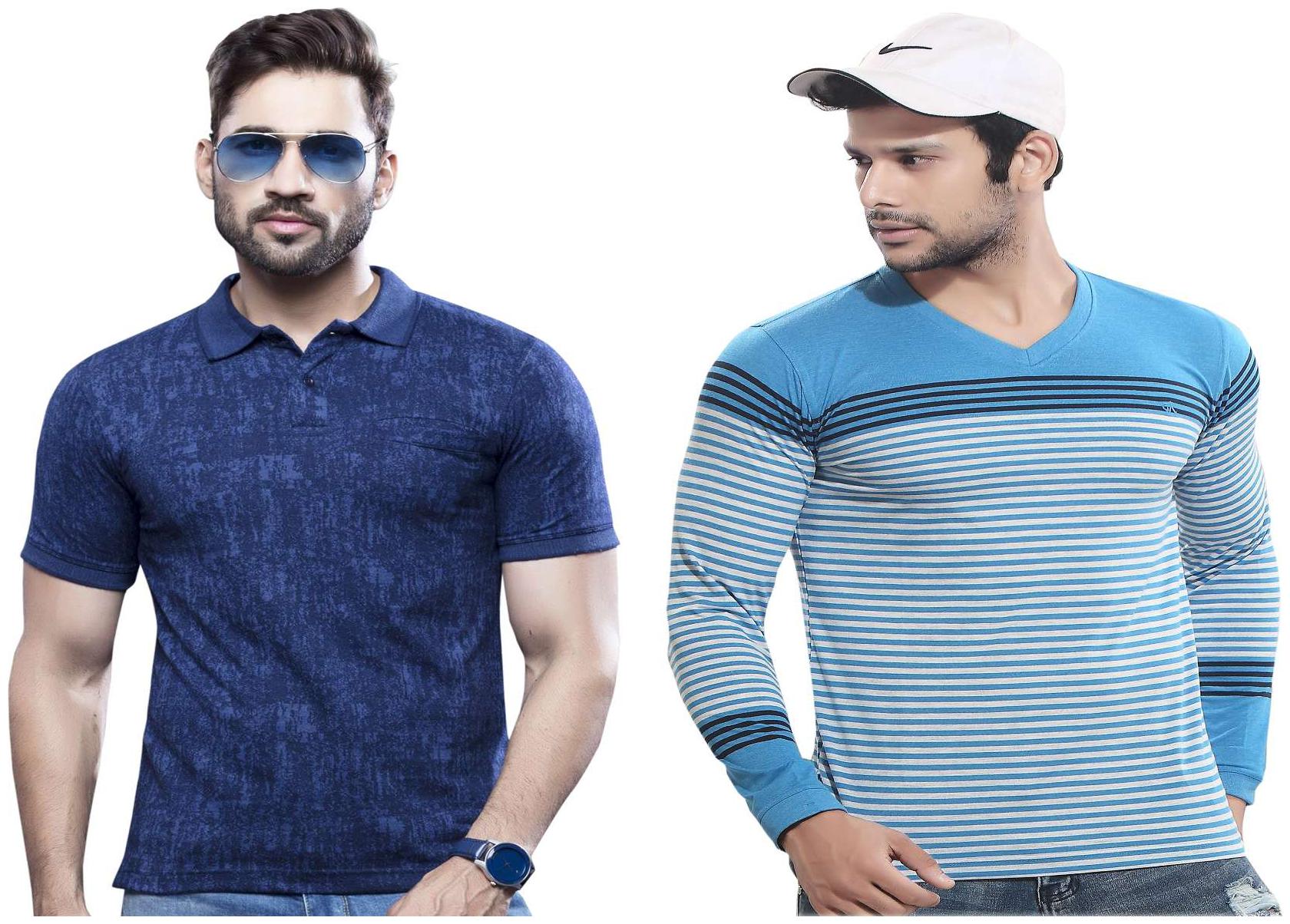 

Kundan Exclusive Men s 100 Pure-Cotton V-Neck Full Sleeves Slim Fit T Shirt in Stripe Pattern Polo Neck Fancy Half Sleeves T Shirt