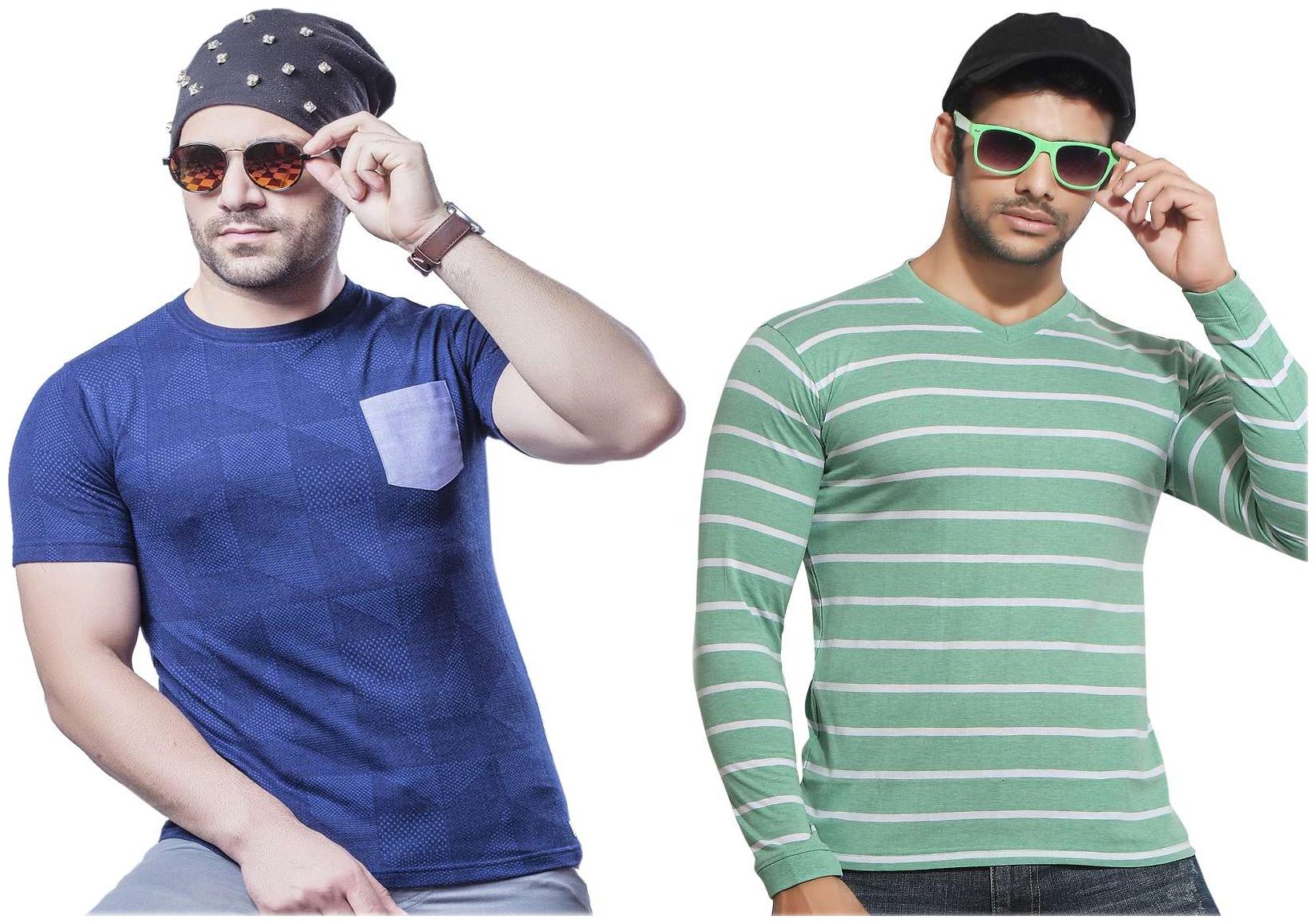 

KUNDAN Men Blue Regular fit Cotton V neck T-Shirt - Pack Of 2