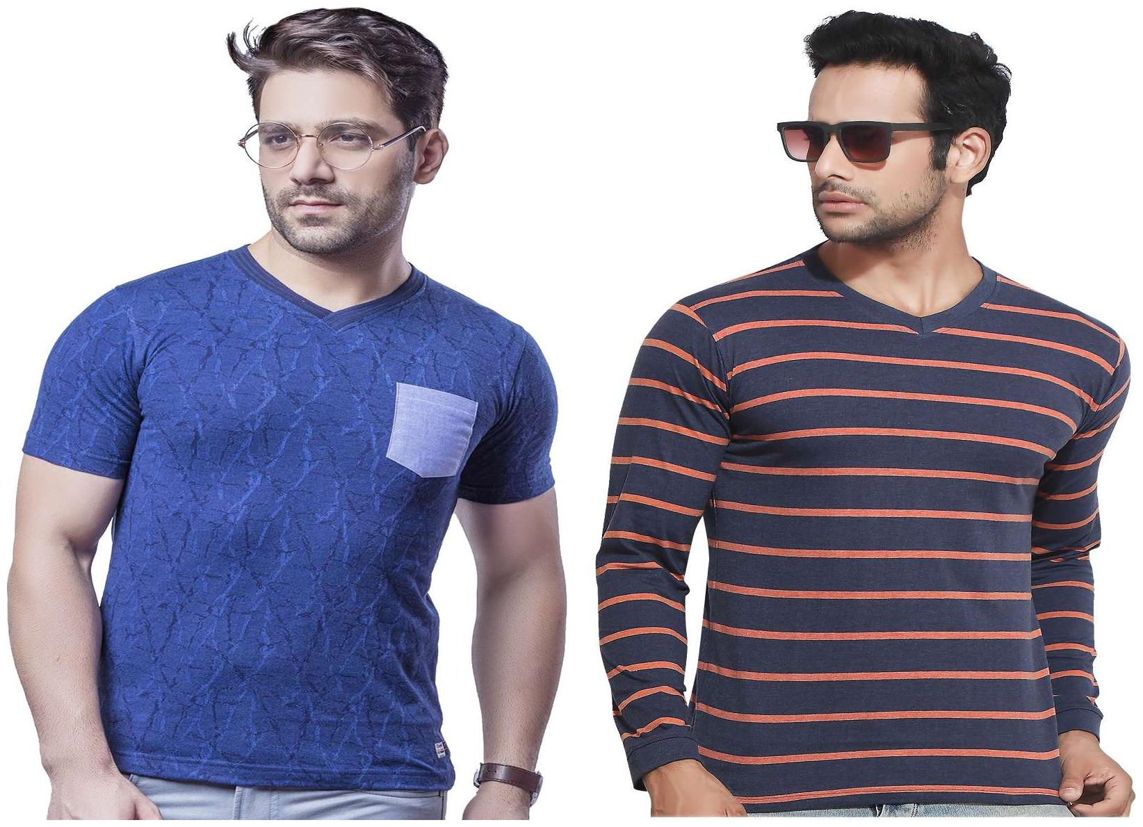 

Kundan Exclusive Men s 100 Pure-Cotton V-Neck Full Sleeves Slim Fit T Shirt in Stripe Pattern Fancy Denim Look Half Sleeves T Shirt
