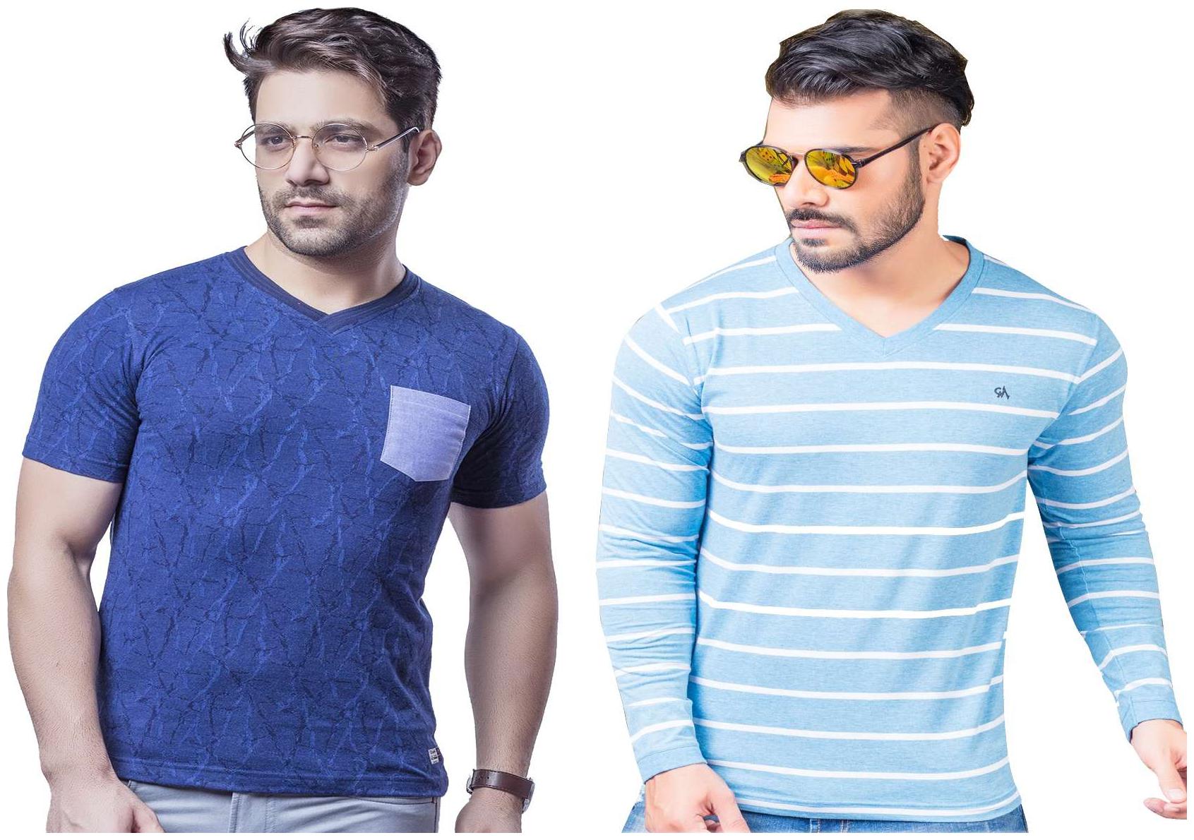

Kundan Exclusive Men s 100 Pure-Cotton V-Neck Full Sleeves Slim Fit T Shirt in Stripe Pattern Fancy Denim Look Half Sleeves T Shirt