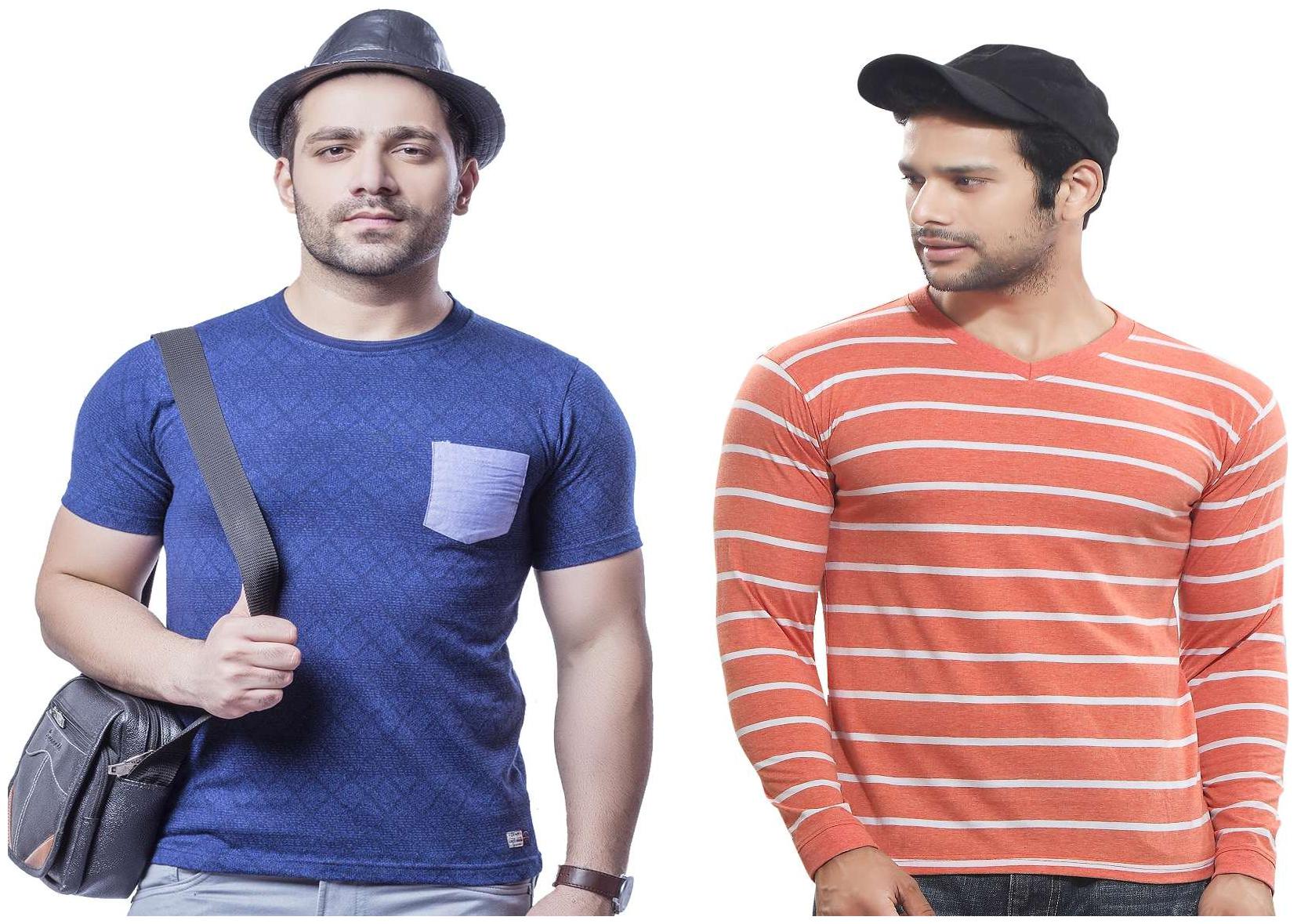

Kundan Exclusive Men s 100 Pure-Cotton V-Neck Slim Fit Full Sleeves Stripe Pattern Round Neck Fancy Half Sleeves T Shirt