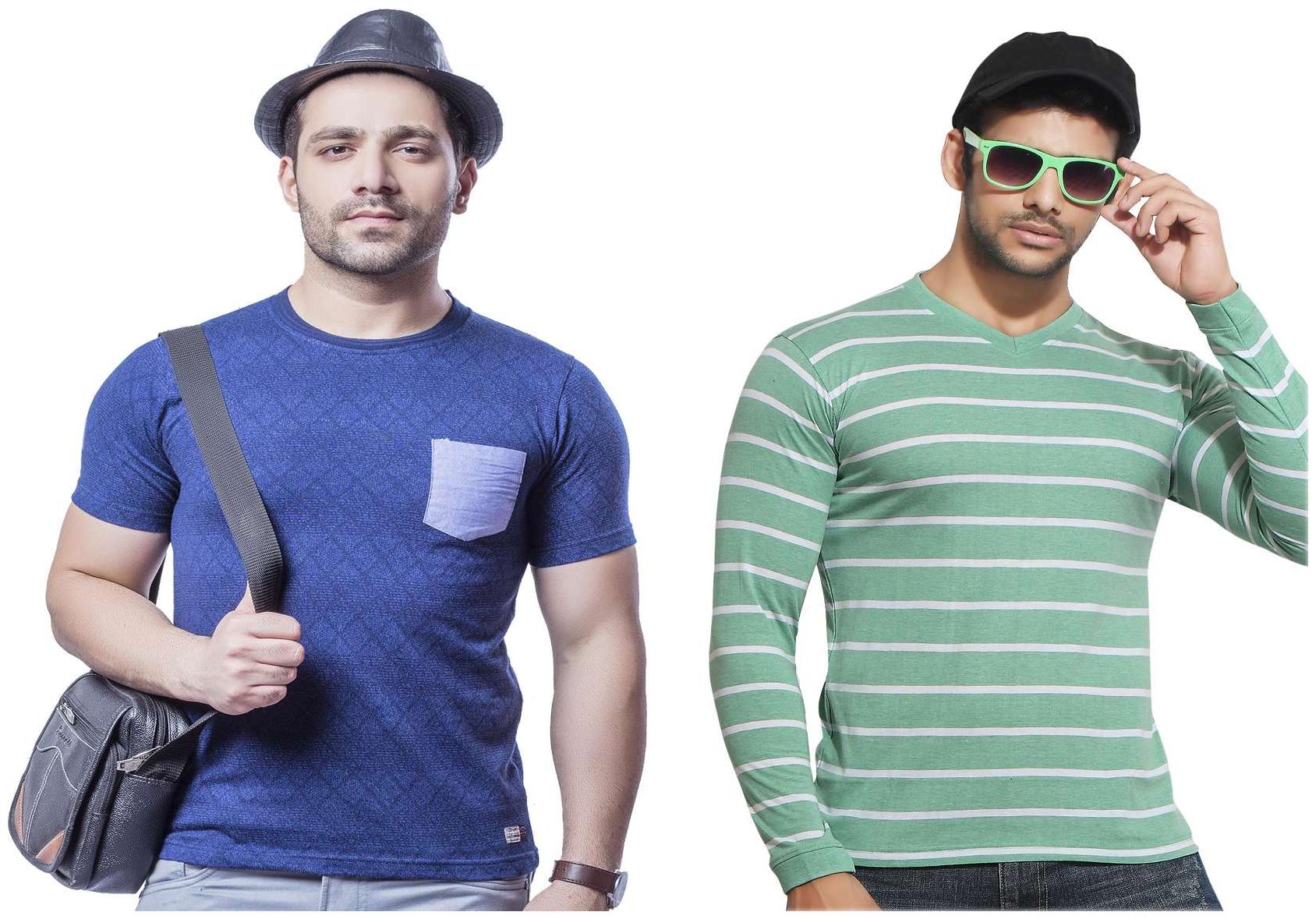 

Kundan Exclusive Men s 100 Pure-Cotton V-Neck Slim Fit Full Sleeves Stripe Pattern Round Neck Fancy Half Sleeves T Shirt