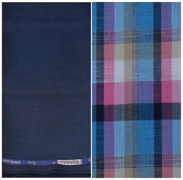 Kundan Sulz Gwalior Men's Executive Pure Cotton Checks Shirt & Fancy Navy Blue Color Trouser Fabric Combo Set ( 1 Pant Shirt Piece for Men )